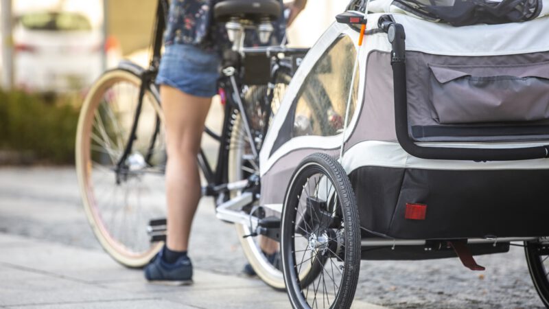 Fahrradanhänger für Kinder am Fahrrad montiert
